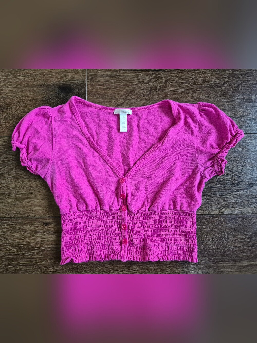 Ambiance Hot Pink Faux Button-Down Vneck Runched Crop Top Sz S